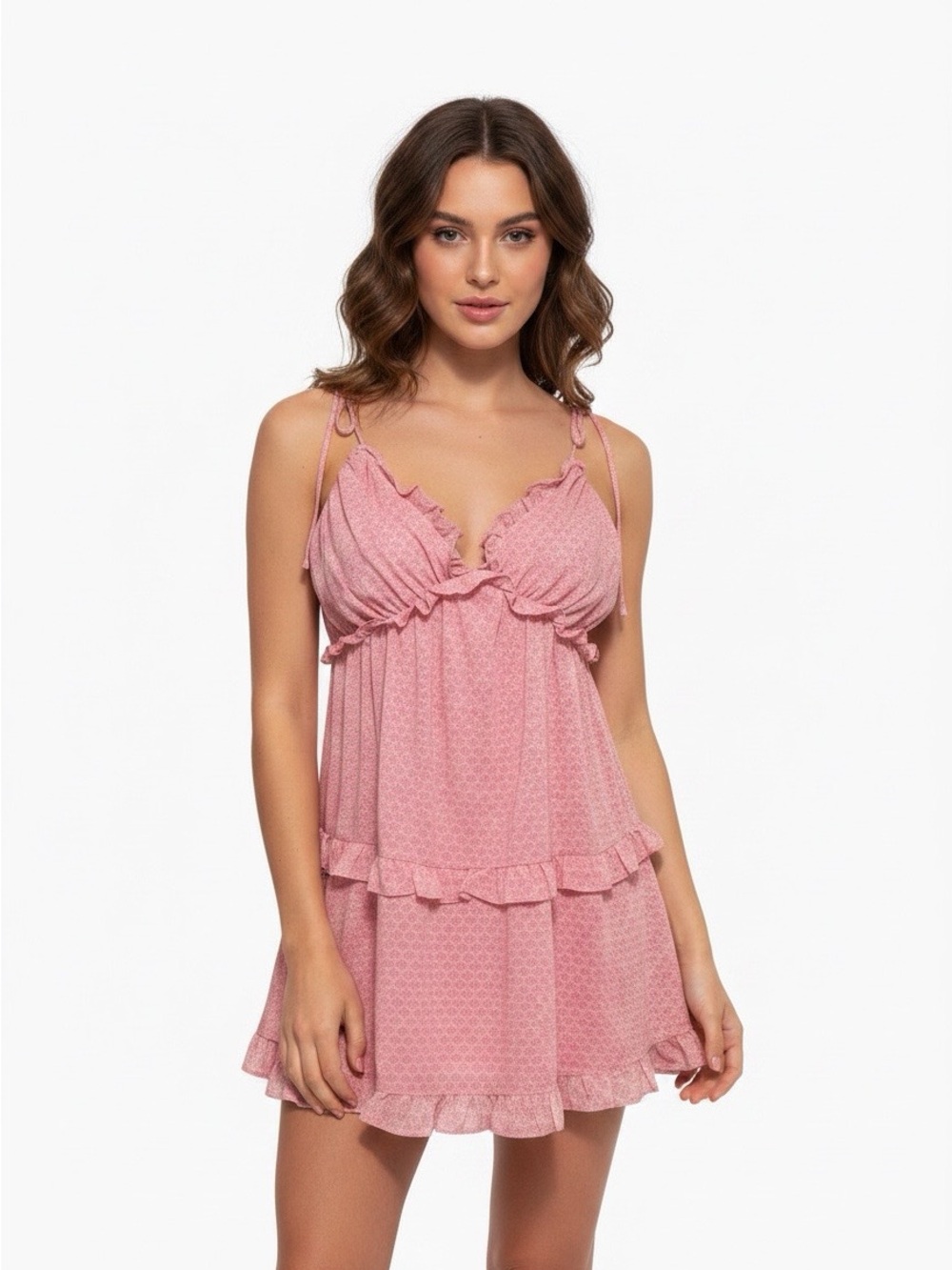Lightweight Pink Ruffle Sleep Chemise with Adjustable Straps
